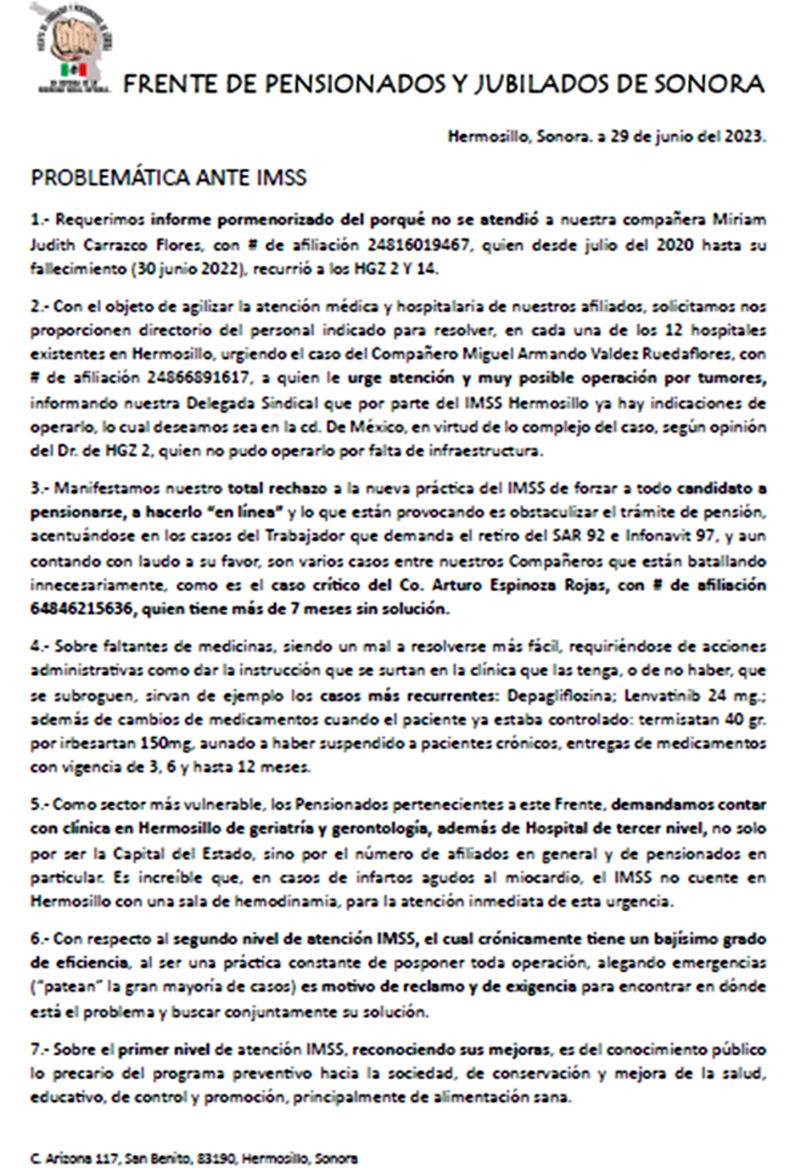 Frente De Jubilados Y Pensionados De Sonora Exige Al Imss Mejor
