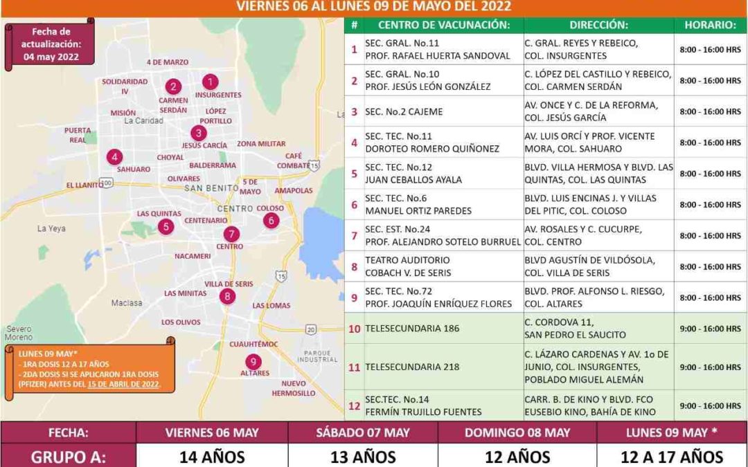 Habrá 12 módulos de vacunación contra el covid para menores de edad en Hermosillo
