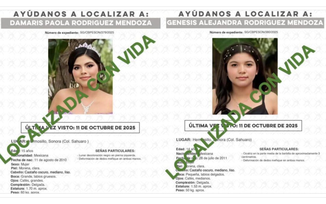 Localizan sanas y salvas a dos hermanas reportadas como desaparecidas en Hermosillo