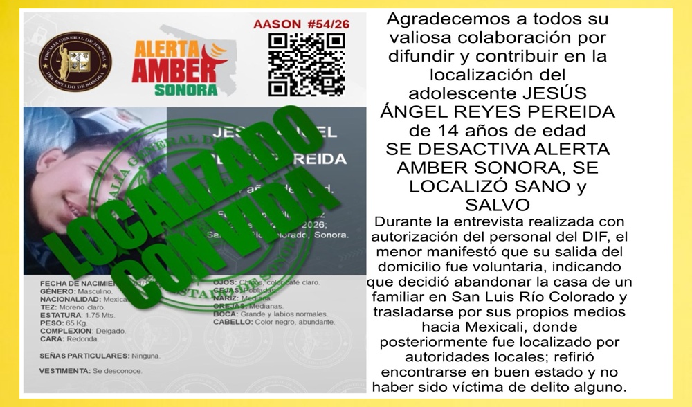 Hallan sano y salvo a menor reportado en San Luis Río Colorado